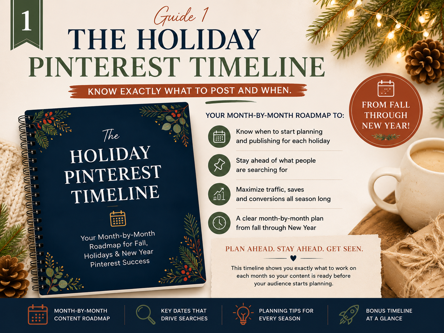The Holiday Pinterest Timeline guide cover, month-by-month roadmap for fall, holidays and New Year