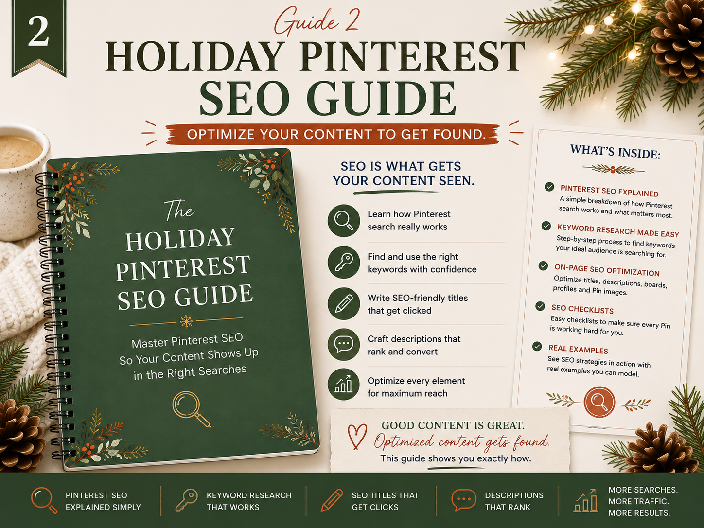 Holiday Pinterest SEO Guide cover, optimize your content to get found